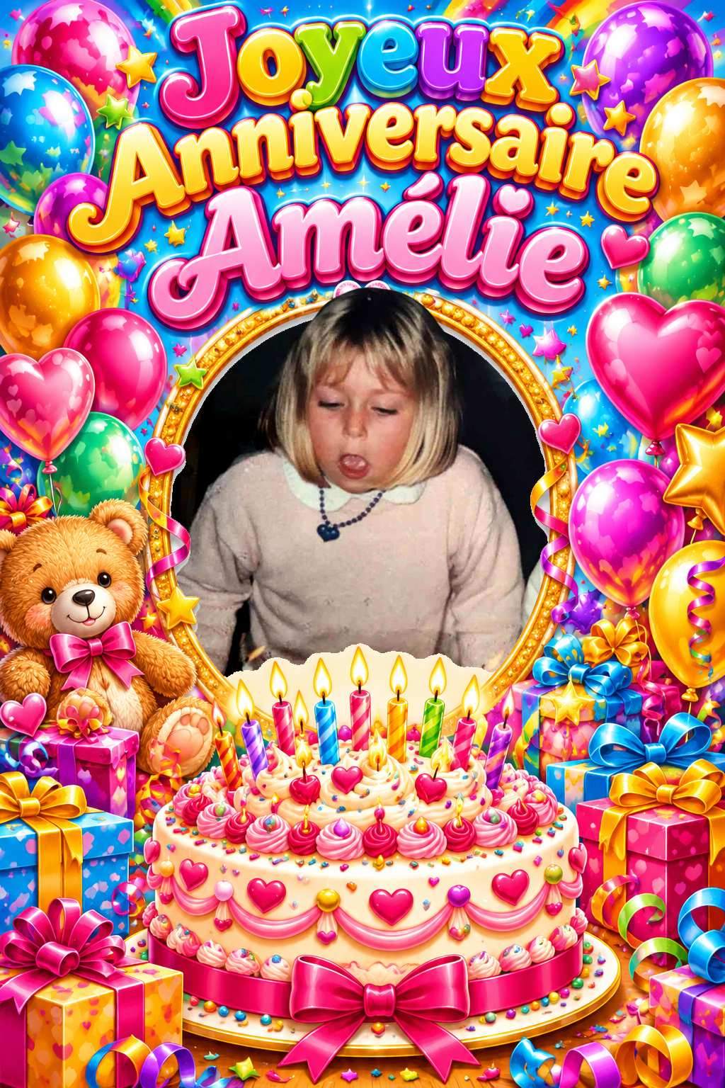 Joyeux anniversaire Amélie : une petite fille souffle les bougies de son gâteau